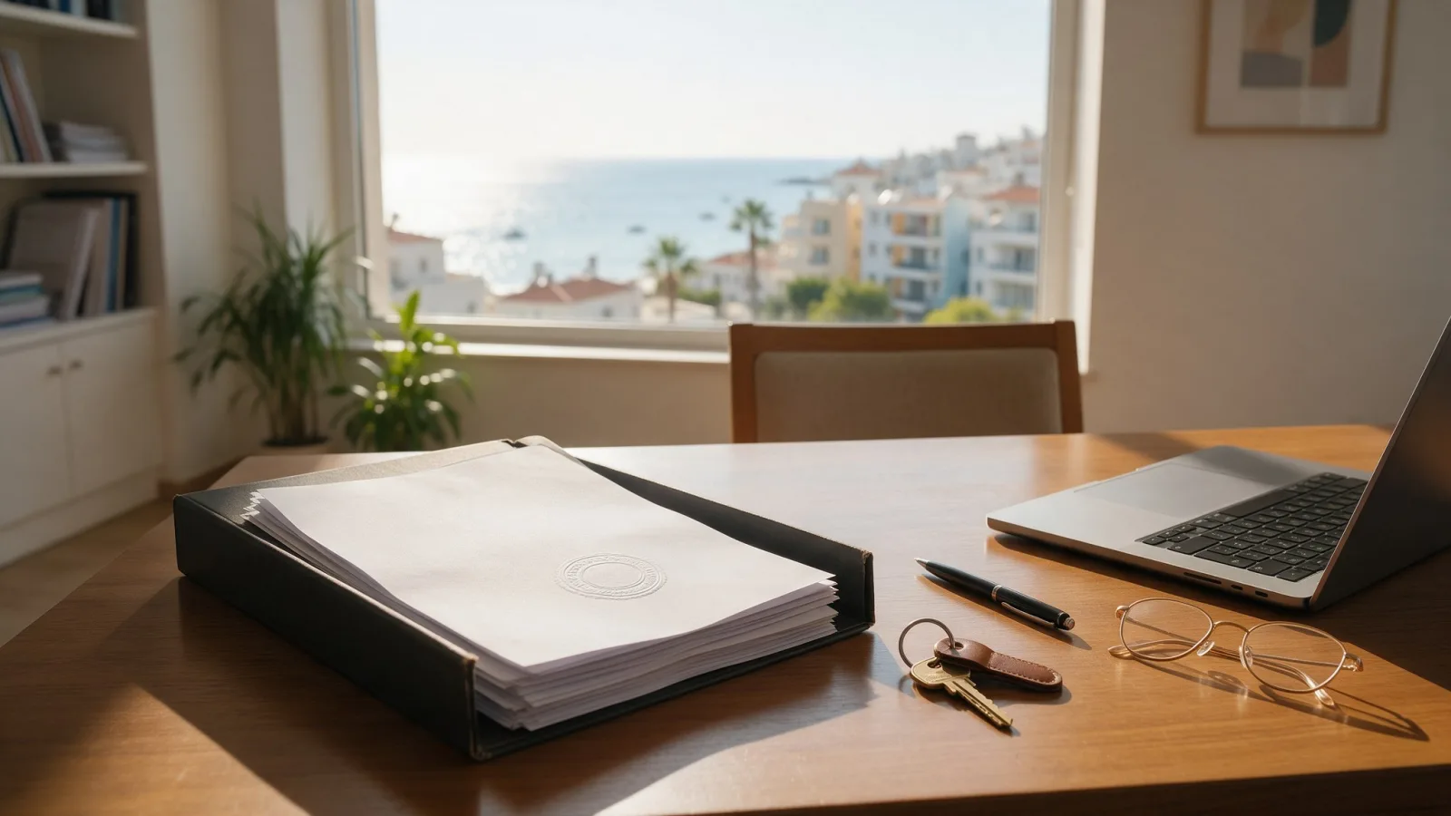 Property documents, house keys and a laptop on an estate agent's desk with a view of the sea in Limassol